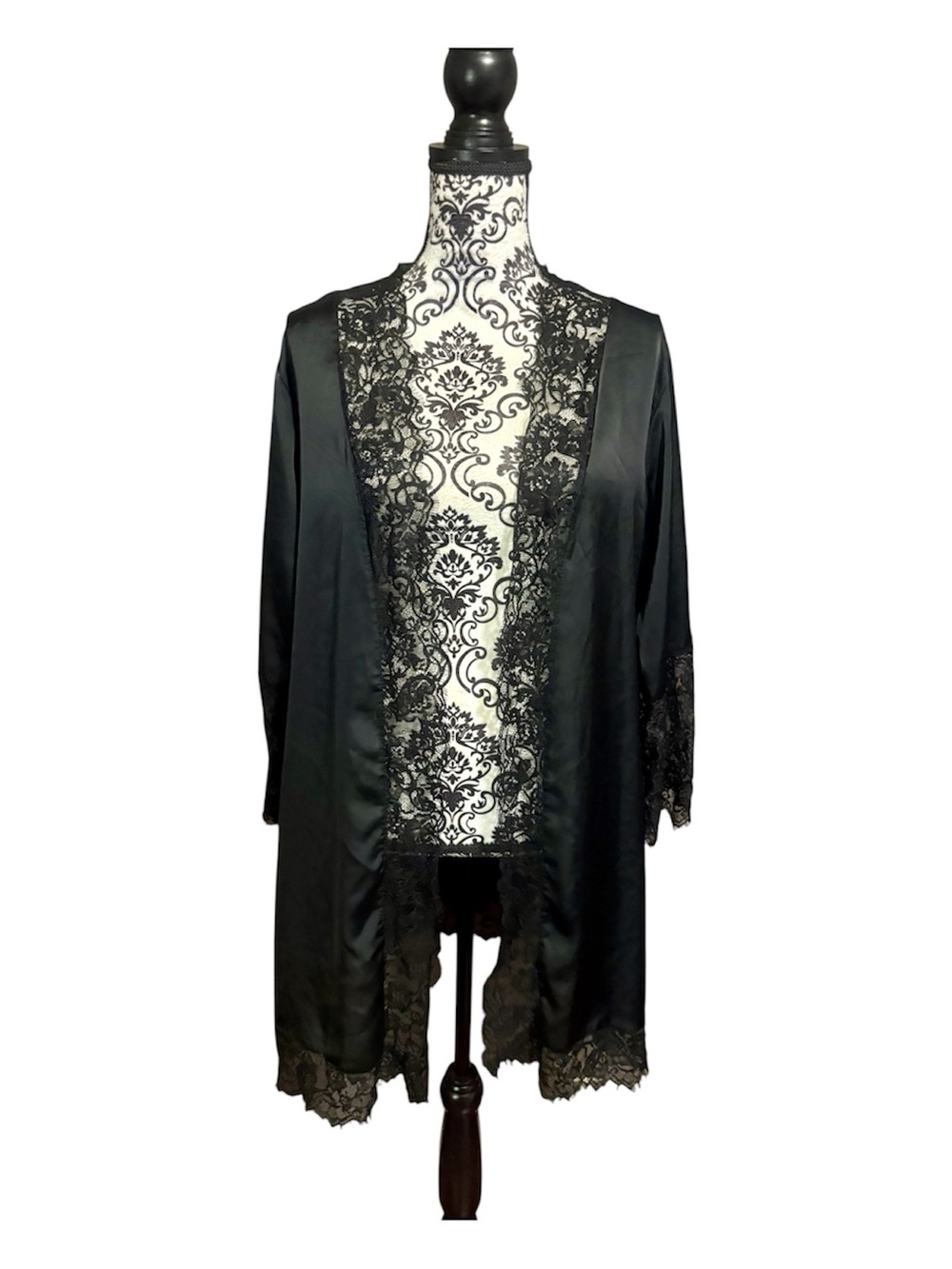 Black Lace Trim Satin Robe